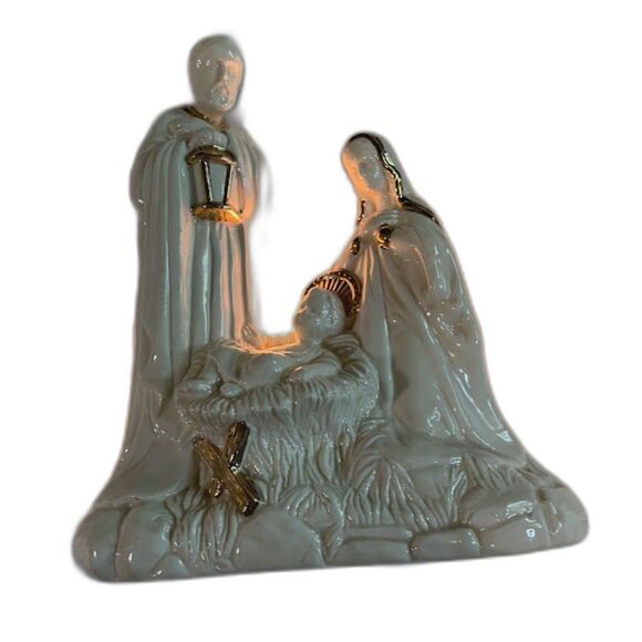 Lenox? Ceramic Cream & Gold Backlit Joseph, Mary & Baby Jesus Nativity Scene - Picture 1 of 7